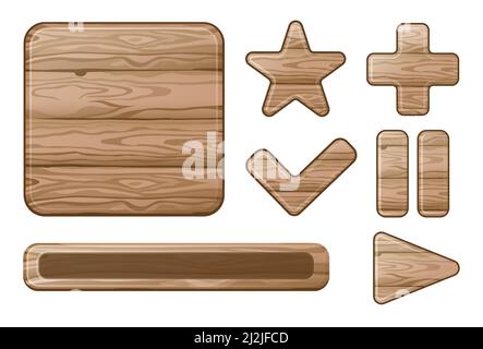 Holzknöpfe in verschiedenen Formen Vektor-Illustrationen Set. Spielen, stoppen, überprüfen, Stern-Tasten mit Holzstruktur, Fortschrittsbalken auf weißem Hintergrund. Benutzer Stock Vektor