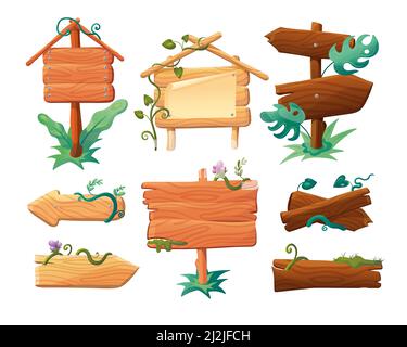 Holzschilder mit Blumen und Lianen Cartoon Illustration Set. Pfeil und Rechteck Schilder oder Pole für Informationen im Wald oder Dschungel mit Grün Stock Vektor