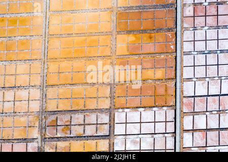 Salzverdunstungsteiche von Salinas Del Carmen Salzebenen von oben, Luftaufnahme, Fuerteventura, Kanarische Inseln, Spanien Stockfoto