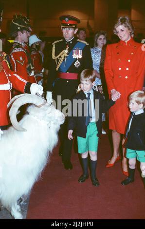 Ihre Königliche Hoheit Prinz Charles, der Prinz von Wales, und ihre Hoheit Prinzessin Diana, die Prinzessin von Wales, mit ihren Kindern Prinz William (links) und Prinz Harry (rechts) nehmen am Königlichen Turnier in Olympia, Earls Court, in West London Teil. Prinz William genießt es, die Spielzeugschafe zu sehen. Bild aufgenommen am 28.. Juli 1988 Stockfoto