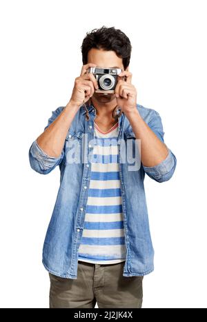 Alles in sich nehmen. Ein hübscher junger Mann, der ein Foto von Ihnen gemacht hat. Stockfoto