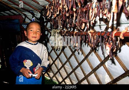 Mongolei. Das Innere eines Ger (Nomadenzelt) Stockfoto