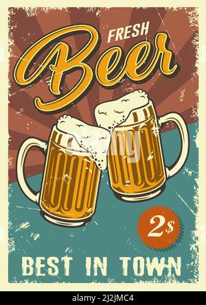 Bier Vintage Poster mit zwei Tassen. Vektorgrafik. Stock Vektor