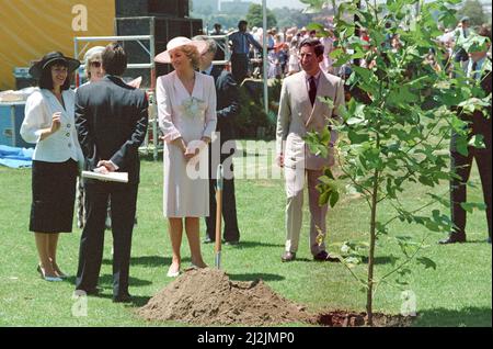 Ihre Königliche Hoheit Prinzessin Diana, die Prinzessin von Wales, während ihrer Australienreise 1988. Die Prinzessin ist im Footscray Park in Melbourne, Victoria, abgebildet und trägt ein von Catherine Walker entworfenes Outfit. Der Prinz und die Prinzessin nehmen an einer Baumpflanzung Teil Bild aufgenommen am 27.. Januar 1988 Stockfoto