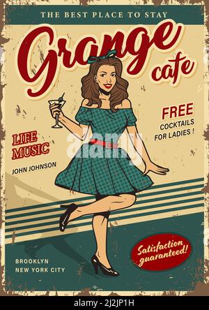 Retro Party bunte Poster mit hübschen Frau in schönen Kleid Halten Cocktail im Vintage-Stil Vektor-Illustration Stock Vektor