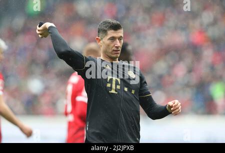 Freiburg, Deutschland. 02. Apr, 2022. firo 1.Bundesliga. 2021/2022 Fußball: Fuvuball: 04/02/2022 SC Freiburg - FC Bayern Mvºnchen München Robert Lewandowski, Halbfigur, Geste Credit: dpa/Alamy Live News Stockfoto
