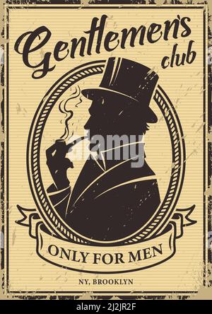 Vintage Herren Club Poster mit britischen Mann Silhouette trägt Top vektor-Illustration für hut und Rauchrohr Stock Vektor