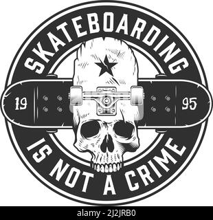Vintage Skateboarding monochromes Label mit Skateboarder Totenkopf und Skateboard in Kreisförmige Vektordarstellung Stock Vektor