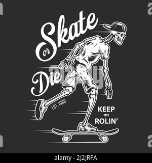 Vintage Skateboarding weißen Logo mit Skelett Skater Reiten Skateboard auf Isolierte Vektorgrafik mit schwarzem Hintergrund Stock Vektor