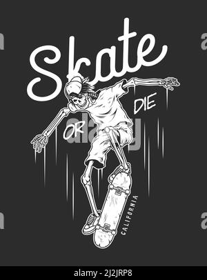 Vintage Skateboarding Logo Vorlage mit Skelett Skater Reiten Skateboard auf Isolierte Vektorgrafik mit schwarzem Hintergrund Stock Vektor