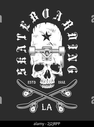 Vintage Skateboarding monochromes Emblem mit Skull Skateboard und gekreuzten Longboards Isolierte Vektordarstellung Stock Vektor