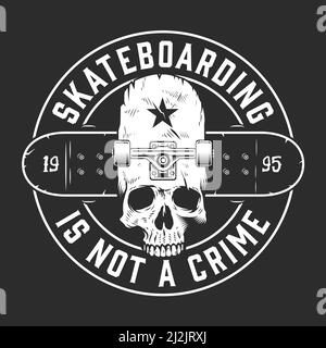 Vintage Skateboarding monochrome runde Emblem mit Aufschriften Totenkopf und Longboard Isolierte Vektordarstellung Stock Vektor