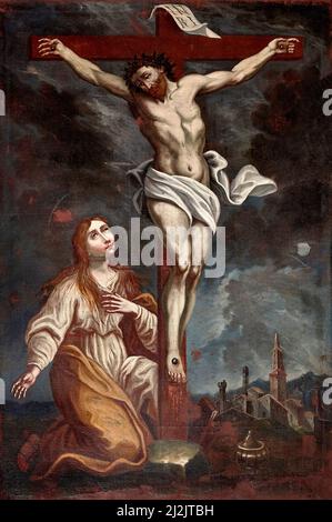 Jesus am Kreuz mit Maria Magdalena - Öl auf Leinwand - Domenico Venturelli - letztes Viertel des 17.. Jahrhunderts - Brescia, Italien, Kirche des heiligen Gottfried Stockfoto