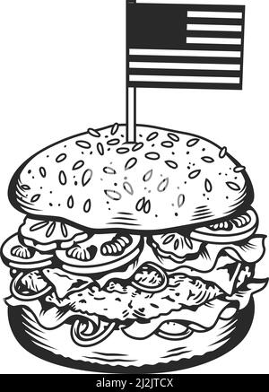 Vintage monochrome leckere Burger-Konzept mit amerikanischer Flagge für die USA Unabhängigkeitstag isolierte Vektorgrafik Stock Vektor