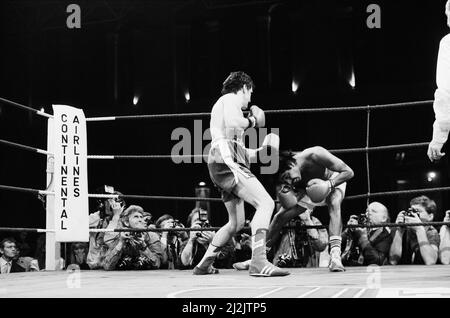 Barry McGuigans Comeback-Kampf gegen Nicky Perez, Alexandra Pavillion, London.Dies war McGuigans erster Kampf, nachdem er seinen WBA-Titel an Steve Cruz verloren hatte. McGuigan gewann durch KO in Runde vier. (Das Bild zeigt) Kampfaktion. 4.. April 1988. Stockfoto