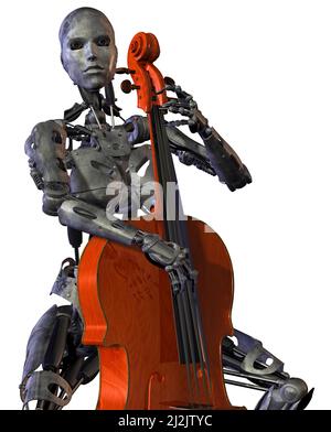 Eine robotische Frau spielt Cello, 3D Rendering Stockfoto