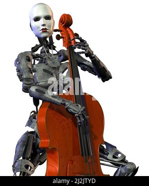 Eine robotische Frau spielt Cello, 3D Rendering Stockfoto