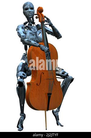 Eine robotische Frau spielt Cello, 3D Rendering Stockfoto