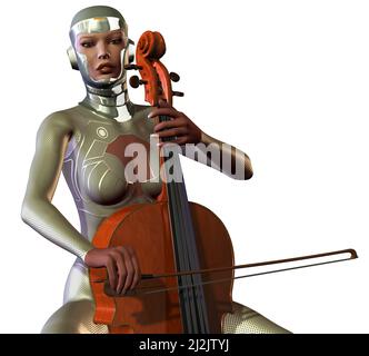 Eine robotische Frau spielt Cello, 3D Rendering Stockfoto