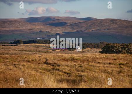 Erster TransPennine Express Siemens Desiro Dieselzug der Baureihe 185, der auf der elektrifizierten Westküstenlinie durch die Cumbria-Landschaft fährt Stockfoto