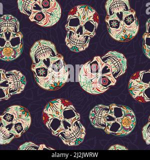 Dia de los muertos Nahtloses Muster mit Zuckerschädeln auf Blumen dunklen Hintergrund im Vintage-Stil Vektor-Illustration Stock Vektor