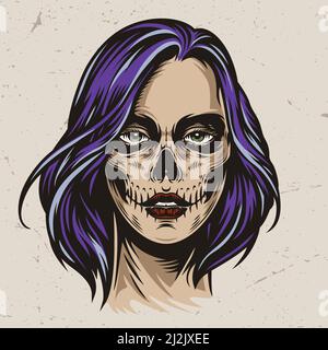 Vintage gruselige Frau Kopf mit Tag der Toten Make-up Und lila Haar isoliert Vektor-Illustration Stock Vektor