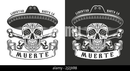 Dia De Los Muertos Druck mit Zuckerschädel in Sombrero hut und Crossbones im Vintage monochromen Stil isoliert Vektor-Illustration Stock Vektor