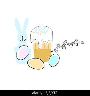 Osterillustration mit banny, Kuchen und Ei. Stockfoto
