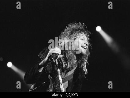 Bon Jovi bei Monsters of Rock, Castle Donington. Im Bild Jon Bon Jovi. 22.. August 1987. Stockfoto