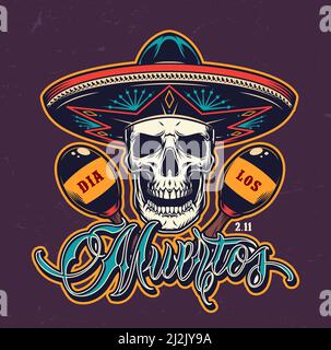 Mexican Day of Dead farbenfroher Schriftzug mit Totenkopf in Sombrero hut und Maracas im Vintage-Stil isoliert Vektor-Illustration Stock Vektor