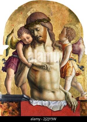 Der tote Christus unterstützt von zwei Engeln von Carlo Crivelli (ca. 1430-1435 - ca. 1495), Tempera auf Pappel, c. 1470-75 Stockfoto