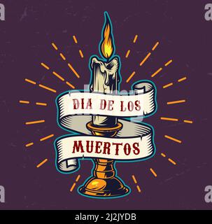 Dia De Los Muertos buntes Emblem mit Band um das Brennen Kerze im Vintage-Stil isoliert Vektor-Illustration Stock Vektor