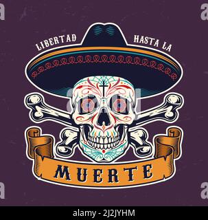 Day of Dead Vintage farbenfroher Druck mit Zucker Totenkopf in sombrero Hut und Kreuzknochen isoliert Vektor-Illustration Stock Vektor