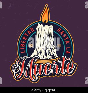 Dia De Los Muertos rundes Label mit brennender Kerze in Vintage-Stil auf dunkelviolettem Hintergrund isoliert Vektor-Illustration Stock Vektor