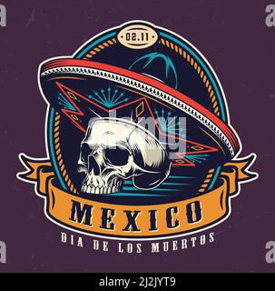 Dia De Los Muertos Vintage Emblem mit Totenkopf in Sombrero hut auf dunkelviolettem Hintergrund isoliert Vektor-Illustration Stock Vektor