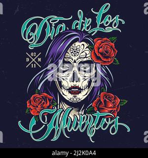 Dia De Los Muertos bunte Vorlage mit Frau Kopf mit Day of Dead Make-up und blühende Rosen im Haar Isolierte Vektordarstellung Stock Vektor