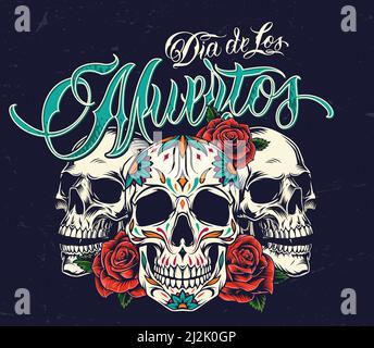 Dia De Los Muertos buntes Konzept mit Zuckerschädeln und Rose Blumen im Vintage-Stil auf dunklem Hintergrund isoliert Vektor Abbildung Stock Vektor