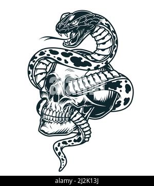 Schlange mit Totenkopf Schablone im Vintage monochromen Stil isoliert verschlängelt vektorgrafik Stock Vektor