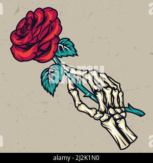 Bunte Skelett Hand hält schöne Rose im Vintage-Stil isoliert vektorgrafik Stock Vektor