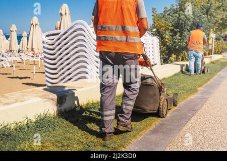 Gärtner mäht den Rasen. Landschaftsgestaltung. Rasenmähen mit einem Rasenmäher. Stockfoto