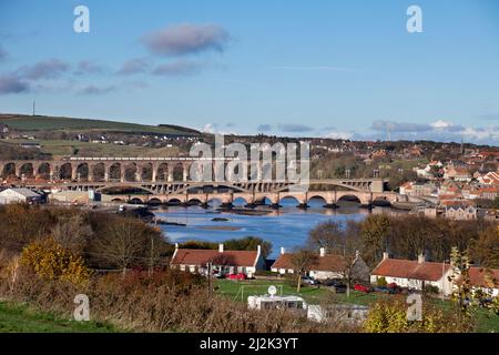 Brücken über den Fluss Tweed, Berwick upon Tweed die königliche Grenzbrücke hat einen Güterzugübergang, der von einer GB Railfreight-Klasse 66 gezogen wird Stockfoto