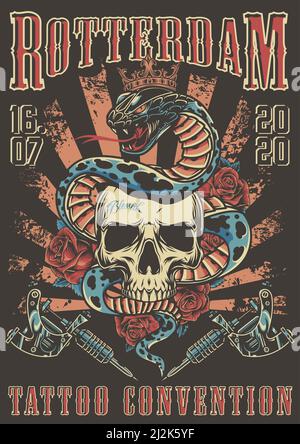 Tattoo Convention in Rotterdam buntes Poster mit Tattoo Maschinen Rosen Und giftige Schlange in Krone umschlängelt um Schädel im Vintage Stilvektor i Stock Vektor
