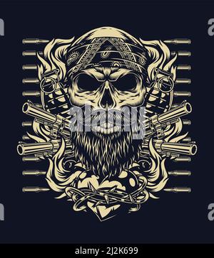 Vintage monochrome Tattoo Konzept mit bärtigen und mousstached Schädel in Bandana Waffe Kugeln und feuriges Herz in Stacheldraht isoliert vektorgrafiken Stock Vektor