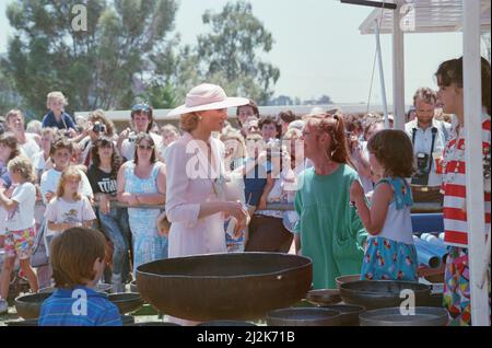 Ihre Königliche Hoheit Prinzessin Diana, die Prinzessin von Wales, während ihrer Australienreise 1988. Die Prinzessin ist im Footscray Park in Melbourne, Victoria, abgebildet und trägt ein von Catherine Walker entworfenes Outfit. Bild aufgenommen am 27.. Januar 1988 Stockfoto