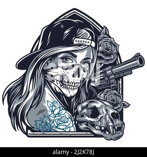 Vintage Chicano Mädchen mit Tattoos in Baseball-Cap und beängstigend Maske Rose Blumen Katze Schädel Pistole isoliert Vektor Illustration Stock Vektor