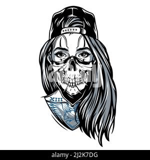 Gangster Chicano Mädchen mit Totenkopf Maske trägt Baseball-Mütze in Isolierte Vektorgrafik im Vintage-Stil Stock Vektor