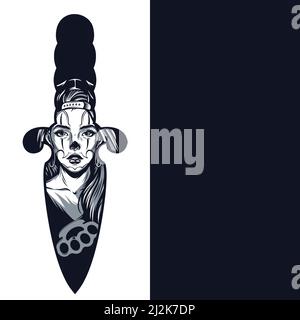 Vintage Tattoo in Dolchform Konzept mit schönen Chicano Mädchen Gesicht Rosen Würfel Messing Knöchel in monochromen Stil isoliert Vektor Abbildung Stock Vektor