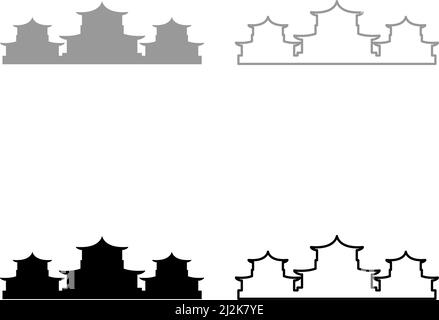 Chinesische traditionelle Gebäude Set Symbol grau schwarz Farbe Vektor Illustration Bild einfach solide füllen Kontur Kontur Linie dünn flach Stil Stock Vektor