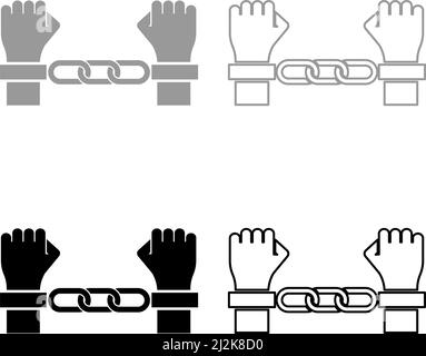 Hände in Handschellen Kriminalkonzept verhaftete Strafe Bondage Sträfling Set Icon grau schwarz Farbe Vektor Illustration Bild einfach solide füllen Umriss Stock Vektor