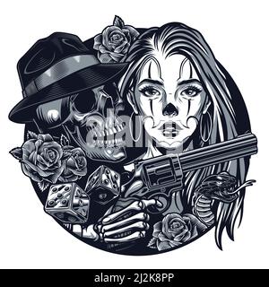 Vintage monochrome Chicano Tattoo rund Konzept mit attraktiven Mädchen Gangster Schädel Skelett Hand halten Pistole Rosen Würfel giftige Schlange isoliert vect Stock Vektor